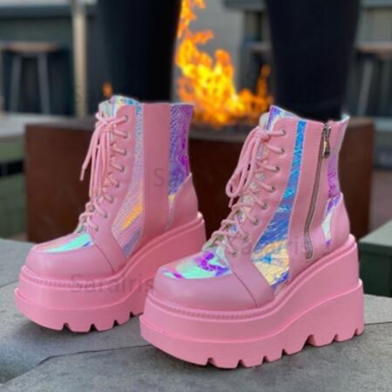 Street Fashion Punk - Stivaletti da donna rosa olografici con