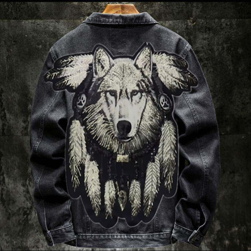 Street Fashion Jacket Men - America Vintage Heavy Wolf Patch ricamata